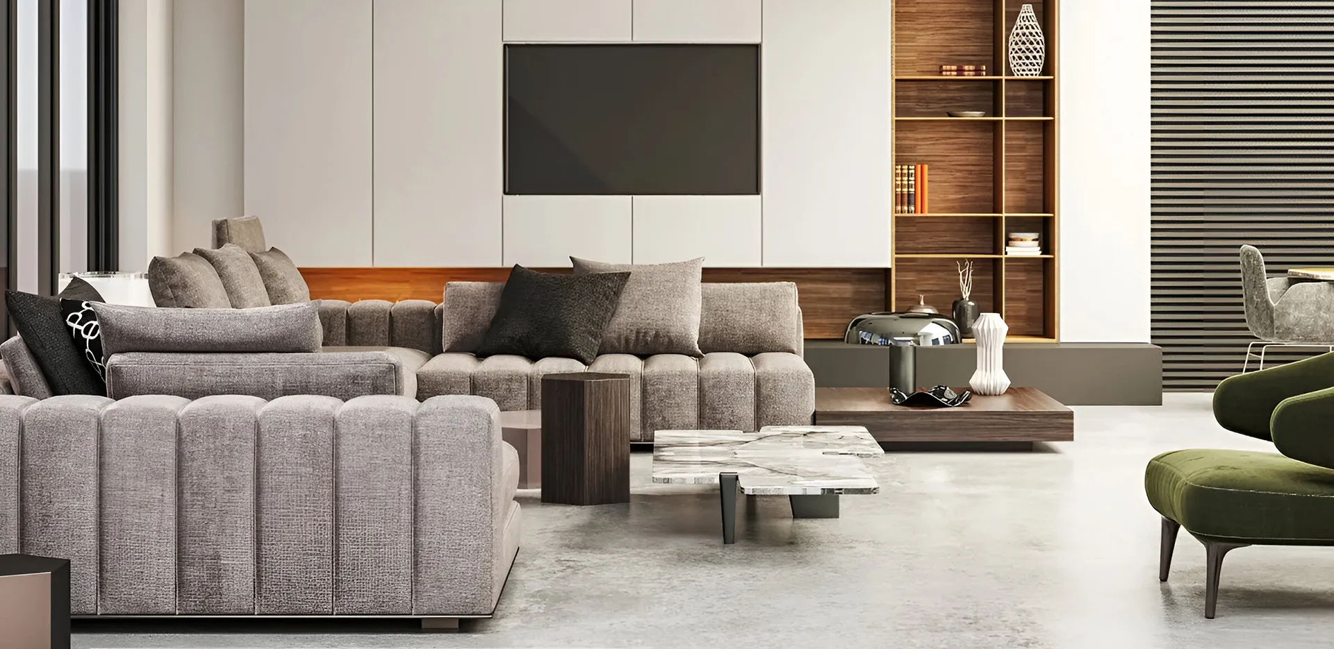 Living room with orange sofa and wooden partition