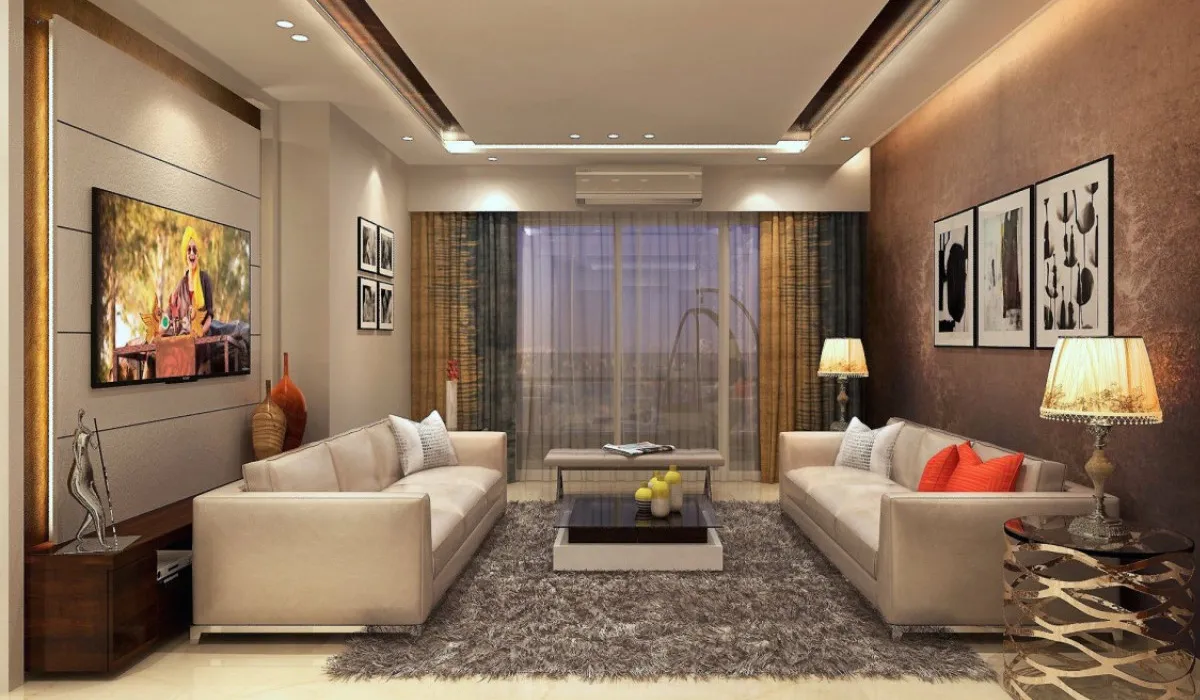 Elegant living room with blue ottoman
